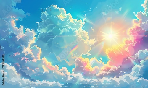 whimsical anime-style illustration of a summer sky adorned with cumulonimbus clouds