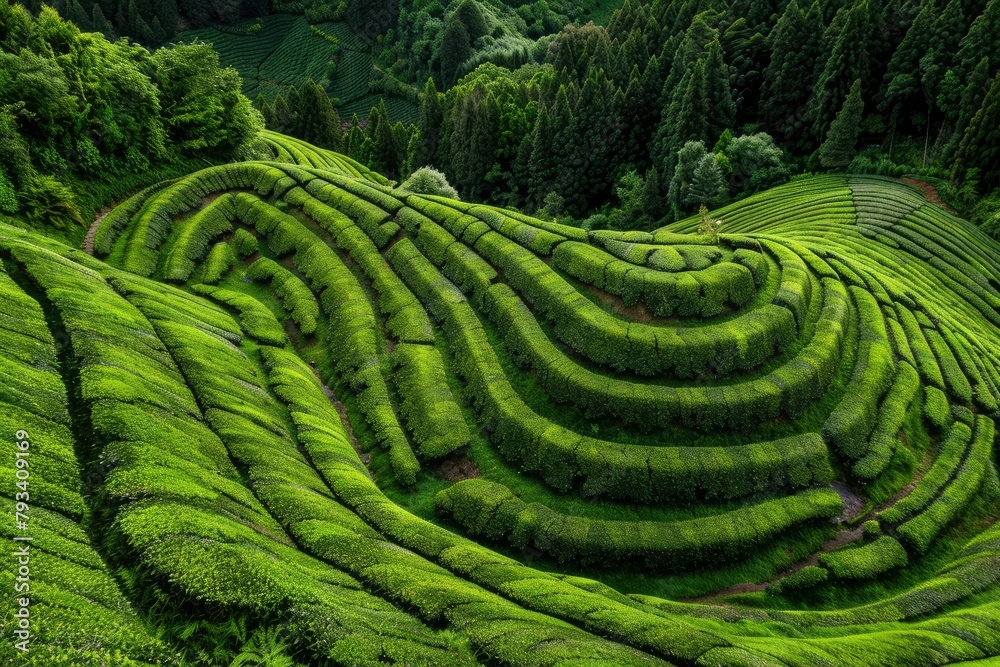 Aerial drone view of shapes of Cha Gorreana tea plantation at Sao Miguel, Azores, Portugal - generative ai Aerial drone view of shapes of Cha Gorreana tea plantation at Sao Miguel, Azores, Portugal - generative ai