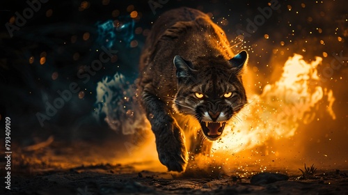A dramatic image shows a snarling cougar surrounded by intense flames and flying embers against a dark  fiery background.