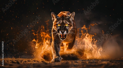 A powerful, intense image of a puma charging forward amidst flames and flying embers in a dynamic, fiery scene.