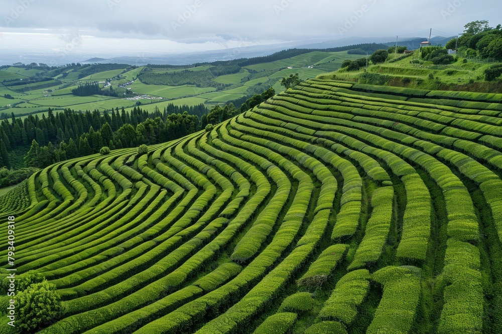 Aerial drone view of shapes of Cha Gorreana tea plantation at Sao Miguel, Azores, Portugal - generative ai