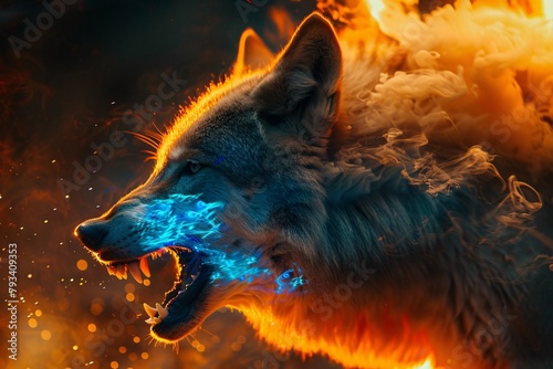 A dramatic and colorful image featuring a wolf with one side engulfed in flames and the other outlined in cool blue energy against a blurred fiery background. © vachom