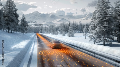 Car Driving on Snowy Road With Radar © Prostock-studio