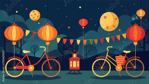 Paper lanterns hung up in the shape of bicycles illuminating the evening party in a whimsical glow.