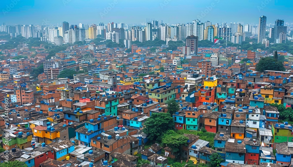Urban Heat Islands, Create an image contrasting urban poverty with heat trapping cityscapes