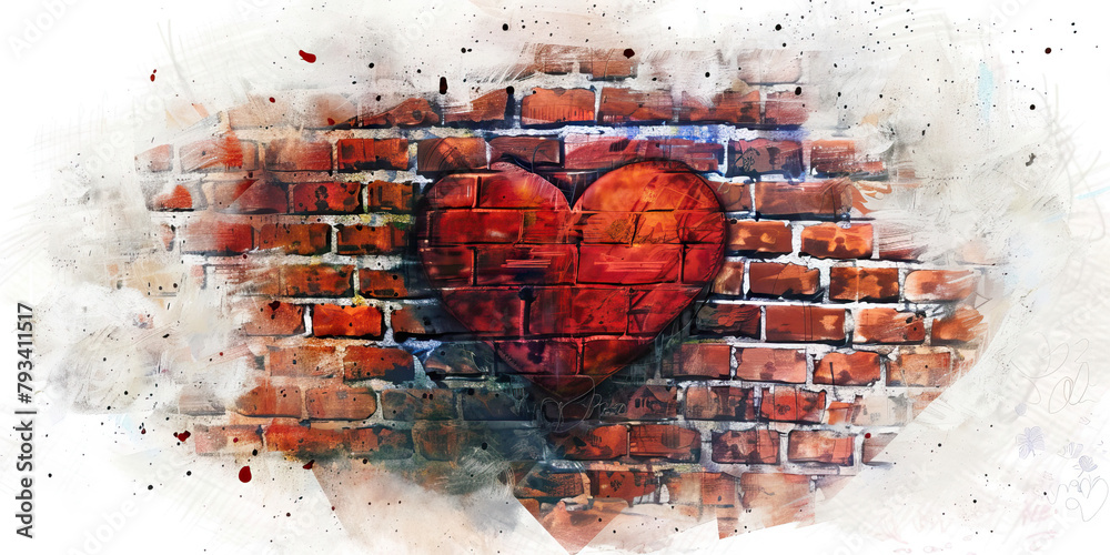 Trust Issues: The Brick Wall and Closed Heart - Imagine a brick wall surrounding a closed heart, illustrating trust issues - obrazy, fototapety, plakaty 