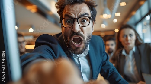 Angry boss yelling screaming at camera. Bossy businessman with very furious angry face shouting pointing at office, frightened workers listening to his swearing at background.