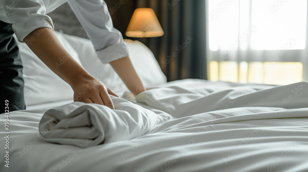 Making bed with help of housekeeping supervisor in hotel room.