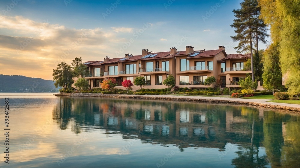 Serene, picturesque view unfolds, showcasing row of elegant houses nestled gracefully along calm shores of pristine lake. Golden hues of setting sun paint mesmerizing backdrop. Serene, picturesque view unfolds, showcasing row of elegant houses nestled gracefully along calm shores of pristine lake. Golden hues of setting sun paint mesmerizing backdrop.