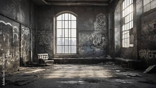 Sunlight streams through large  arched window  casting warm glow on graffiti-covered walls of abandoned room. This room  seemingly untouched for years  exudes air of desolation  neglect. Lone sofa.