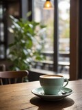 Steaming cup of coffee, exuding aura of warmth, comfort, graces wooden table. Scene bathed in soft glow of pendant light, which highlights rich, creamy texture of coffee. Mint green cup, saucer.