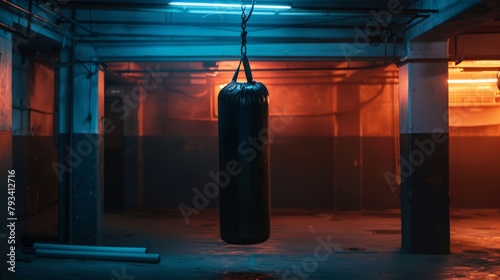 Punching bag hanging from the ceiling in a dimly lit room. generative ai © ThisDesign