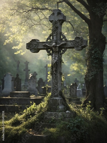 Beautifully ornate cross  adorned with intricate designs  engravings  stands prominently amidst serene cemetery bathed in gentle embrace of morning light.