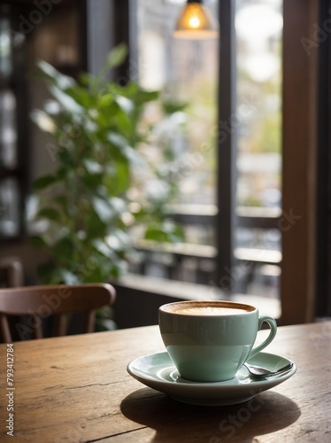 Steaming cup of coffee, exuding aura of warmth, comfort, graces wooden table. Scene bathed in soft glow of pendant light, which highlights rich, creamy texture of coffee. Mint green cup, saucer.