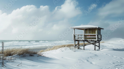lifeguard hut on the beach with snow