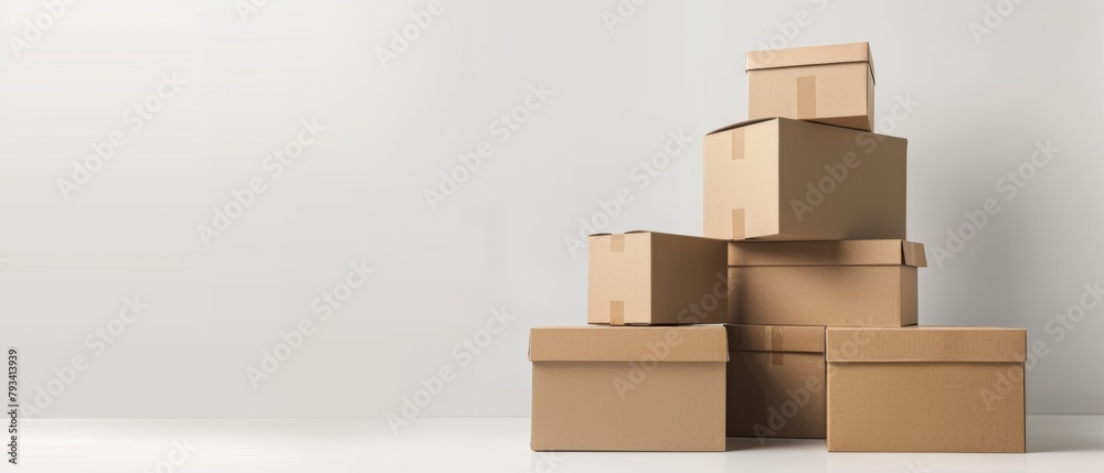 Stack of Burlap-Textured Cardboard Boxes on Simple Background - Concept of Eco-Friendly Packaging and Organized Moving Stack of Burlap-Textured Cardboard Boxes on Simple Background - Concept of Eco-Friendly Packaging and Organized Moving