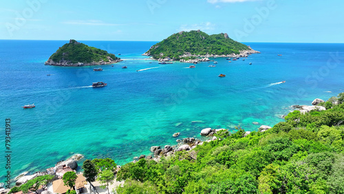 Nangyuan Island boasts crystal-clear waters  powdery white sands  and lush greenery  perfect for a serene escape. Top view Aerial view of drone. Beach background. Nangyuan island  Thailand. 