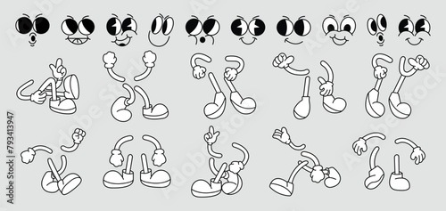 Set of 70s groovy comic vector. Collection of cartoon character faces in different emotions, hand, leg, shoes. Cute retro groovy hippie illustration for decorative, sticker