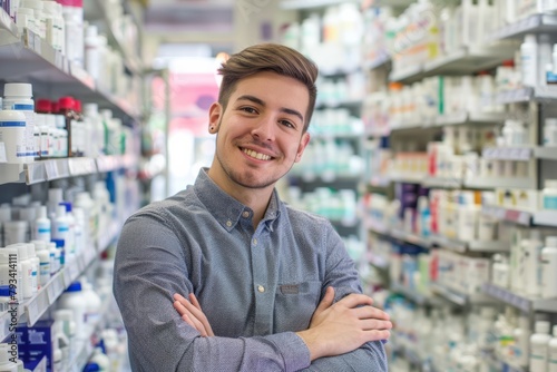 Friendly Young Pharmacist Smiling in Front of Pharmacy Shelves - Approachable Healthcare Service and Expertise