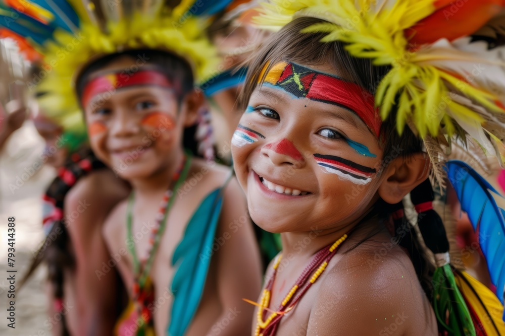 Smiling Indigenous Children with Traditional Face Paint and Feathers