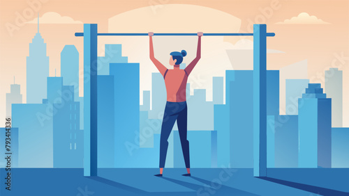 A person is shown doing a pullup on a sleek modernlooking chinup bar with a panoramic view of the bustling cityscape behind them. This