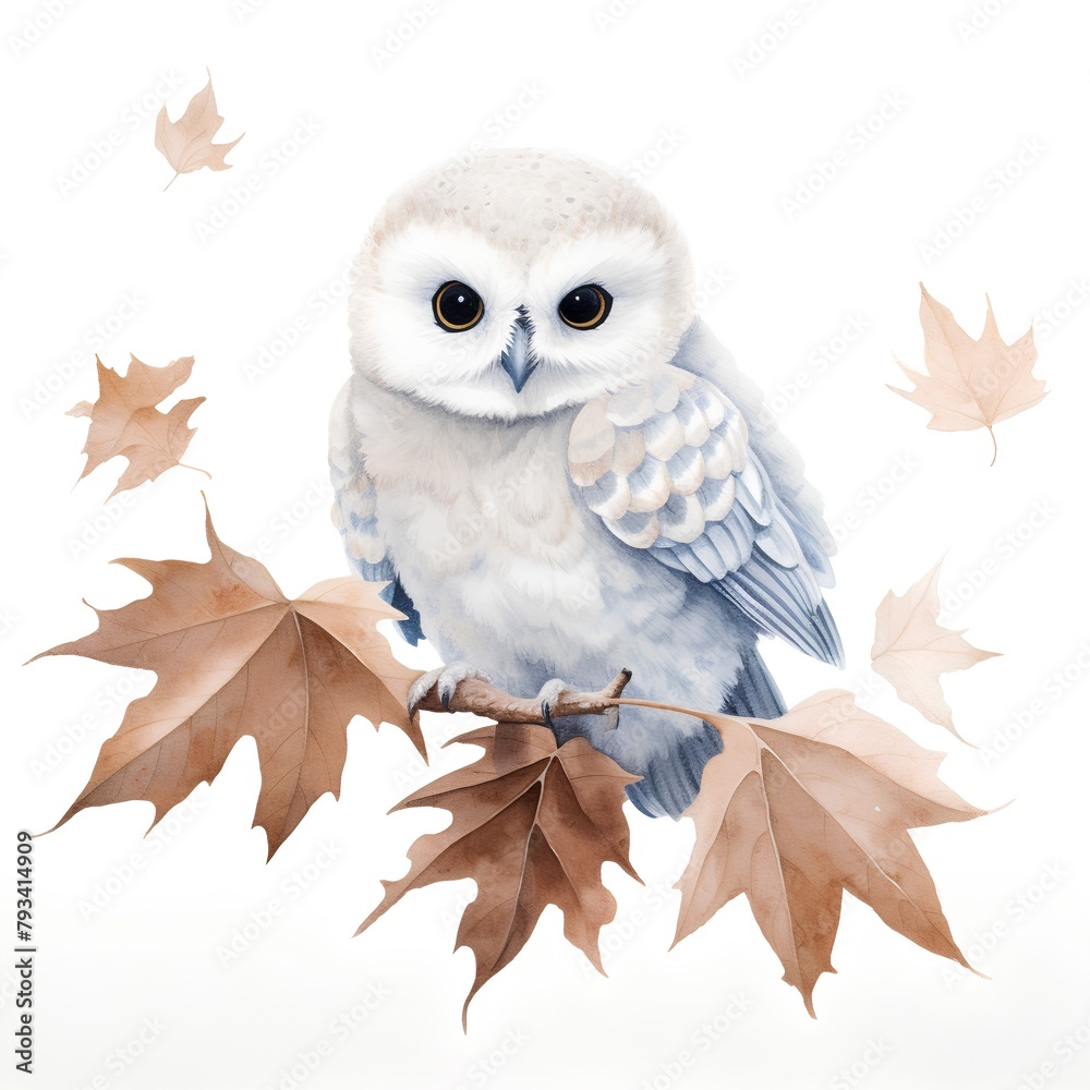 Obraz premium Watercolor owl with autumn leaves isolated on white background. Hand drawn illustration.
