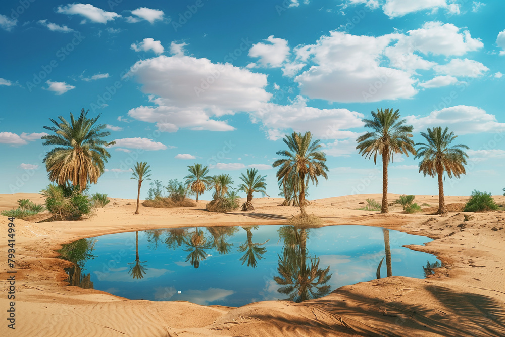 Oasis in the desert, miracle of nature of water and palm trees in a landscape for copy space wallpapers