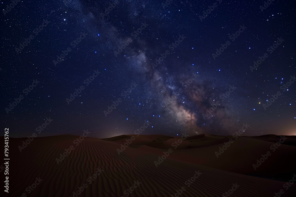 Night desert with a starry sky and milky way, constellations in the night of a sand dune landscape with copy space wallpaper Night desert with a starry sky and milky way, constellations in the night of a sand dune landscape with copy space wallpaper