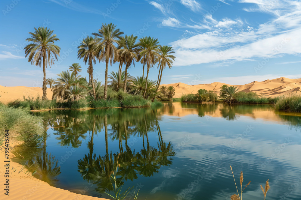 Oasis in the desert, reflection of palm trees in the miraculous water in the middle of the sands of a landscape with copy space wallpaper