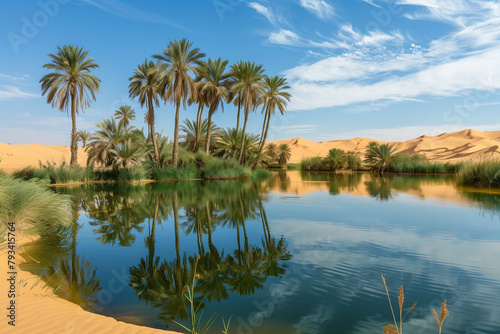 Oasis in the desert, reflection of palm trees in the miraculous water in the middle of the sands of a landscape with copy space wallpaper