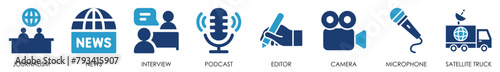 Journalism icon set. Containing journalist, news and so on. Journalism and Press related flat icons set.