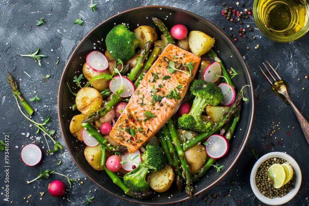 Salmon and potato salad with asparagus, broccoli and radish, top view - generative ai