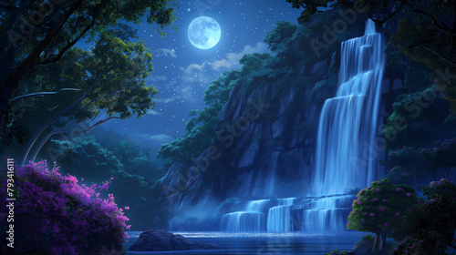 waterfall under moonlight fantasy background. trees with flowers. night colorful background wallpaper