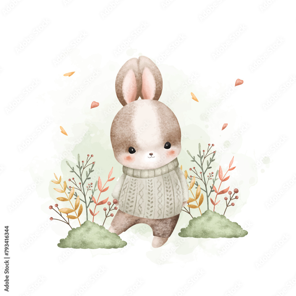 Naklejka premium Watercolor Illustration Rabbits and Autumn Leaves at Garden 