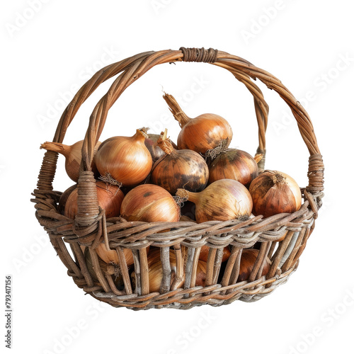 An enchanting vintage basket made of willow vines and filled with onions displayed against a transparent background