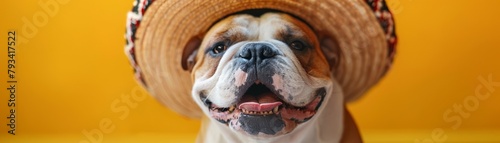 A studio portrait of a bulldog wearing a sombrero.