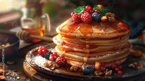 For breakfast on the holiday morning the girl whipped up some fluffy pancakes topped with honey nuts and berries
