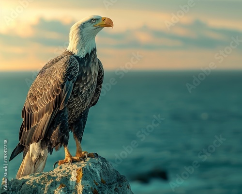 An eagle stands on a rock outcropping looking out over the ocean. photo