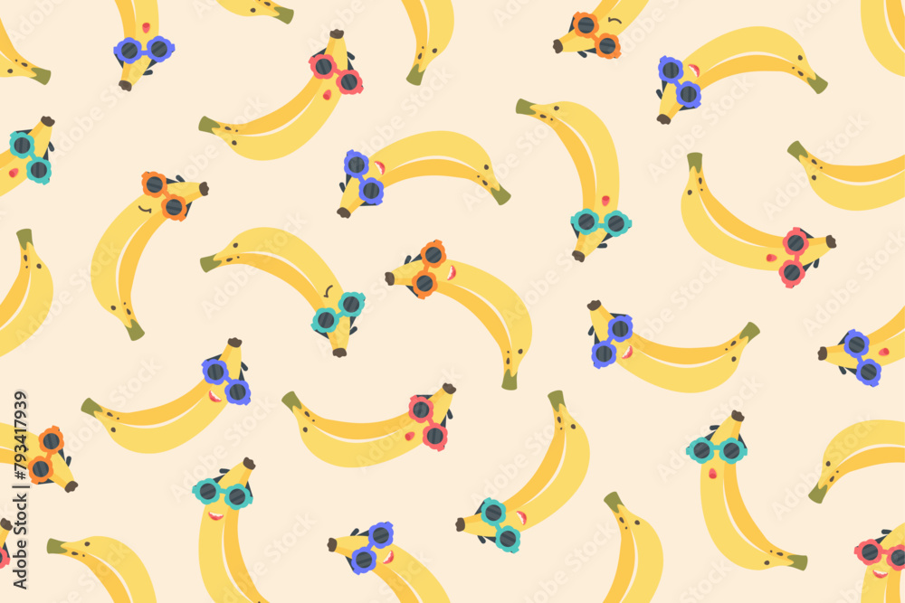 Banana seamless pattern. Hand drawn Cute smiling bananas in color sunglasseswith different emotions. Banana cartoon background. Vector illustration for wallpaper, textile, print, baby products Banana seamless pattern. Hand drawn Cute smiling bananas in color sunglasseswith different emotions. Banana cartoon background. Vector illustration for wallpaper, textile, print, baby products