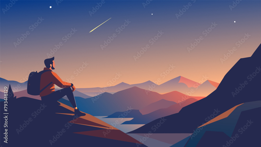 A hiker rests on a mountaintop their tired legs dangling over the edge as they take in the breathtaking view of the starfilled sky stretching