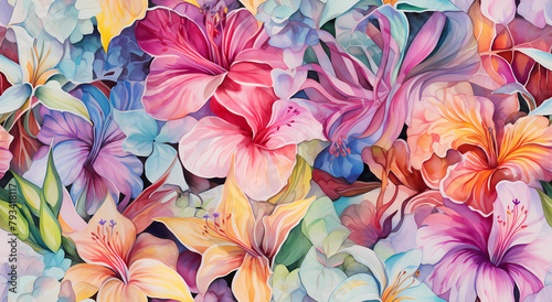 watercolor illustration of an array of exotic flowers