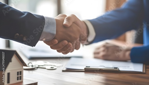 A real estate agent and customer are shaking hands over house documents on a table with keys.