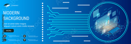 Digital technology banner vector design template. Data encryption, information protection, coding flat 3d isometric concept