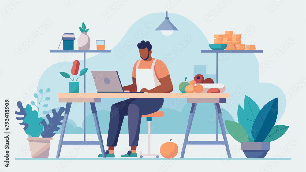 A digital illustration of a person sitting at a table surrounded by various food items and exercise equipment. The person is shown carefully A digital illustration of a person sitting at a table surrounded by various food items and exercise equipment. The person is shown carefully