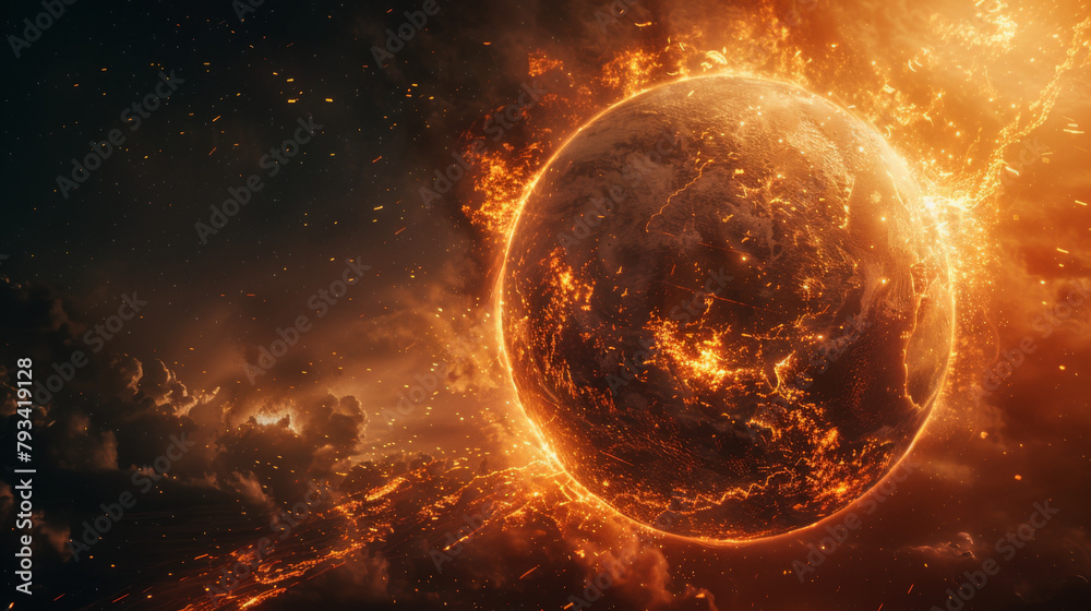 Dramatic illustration of Earth engulfed in flames in an apocalyptic space scenario.