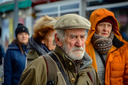 Unidentified old man with a gray beard in a cap on the street.