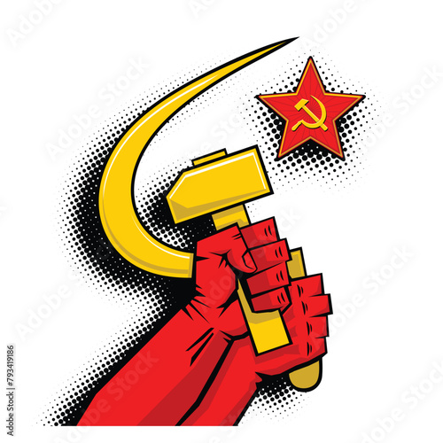 Sickle and hammer in hands, red star. Propaganda poster template in pop art retro style. Vector on tranparent background
