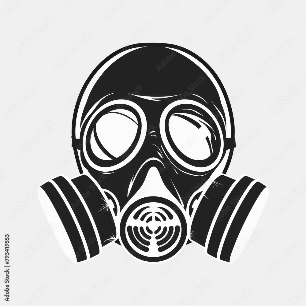 Graphic representation of a black and white gas mask with detailed shading and filters. Graphic representation of a black and white gas mask with detailed shading and filters.