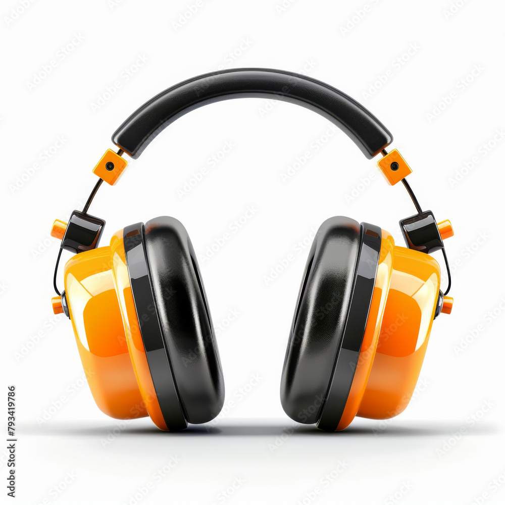 Isolated professional protective earmuffs in orange and black colors on a white background. Isolated professional protective earmuffs in orange and black colors on a white background.