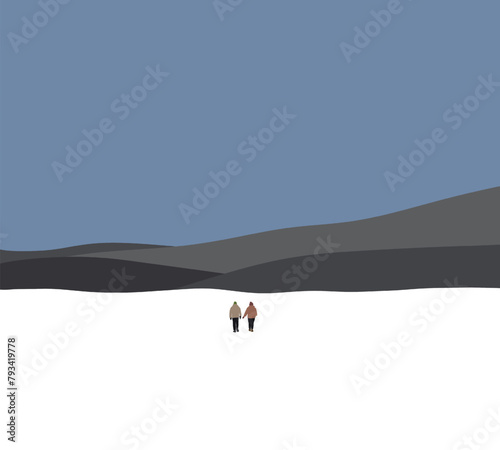 Two man walking in snow mountain and looking at night sky.  People outdoors activity. Travel expedition and mountaineering sport